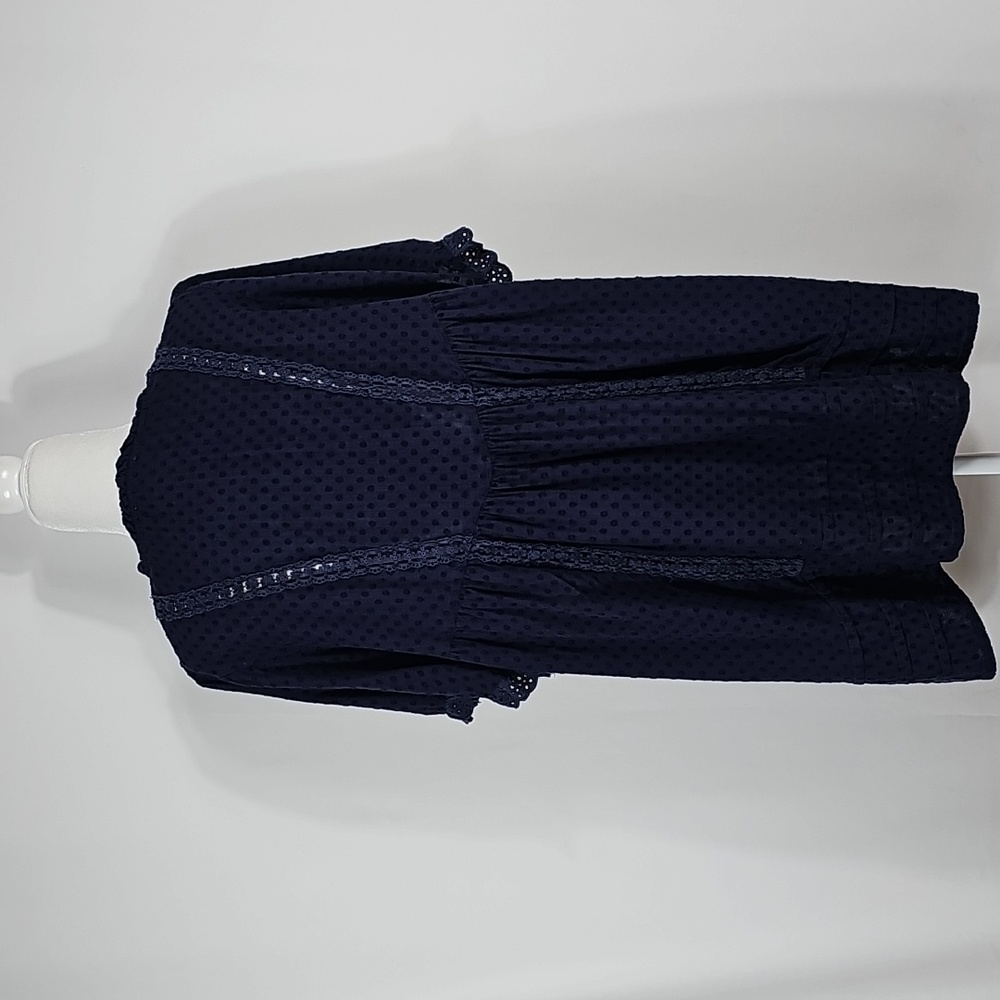 FRNCH Paris Navy Blue Eyelet Lace Mini Dress Scallop High Neck Swiss Dot Boho M - Picture 3 of 12